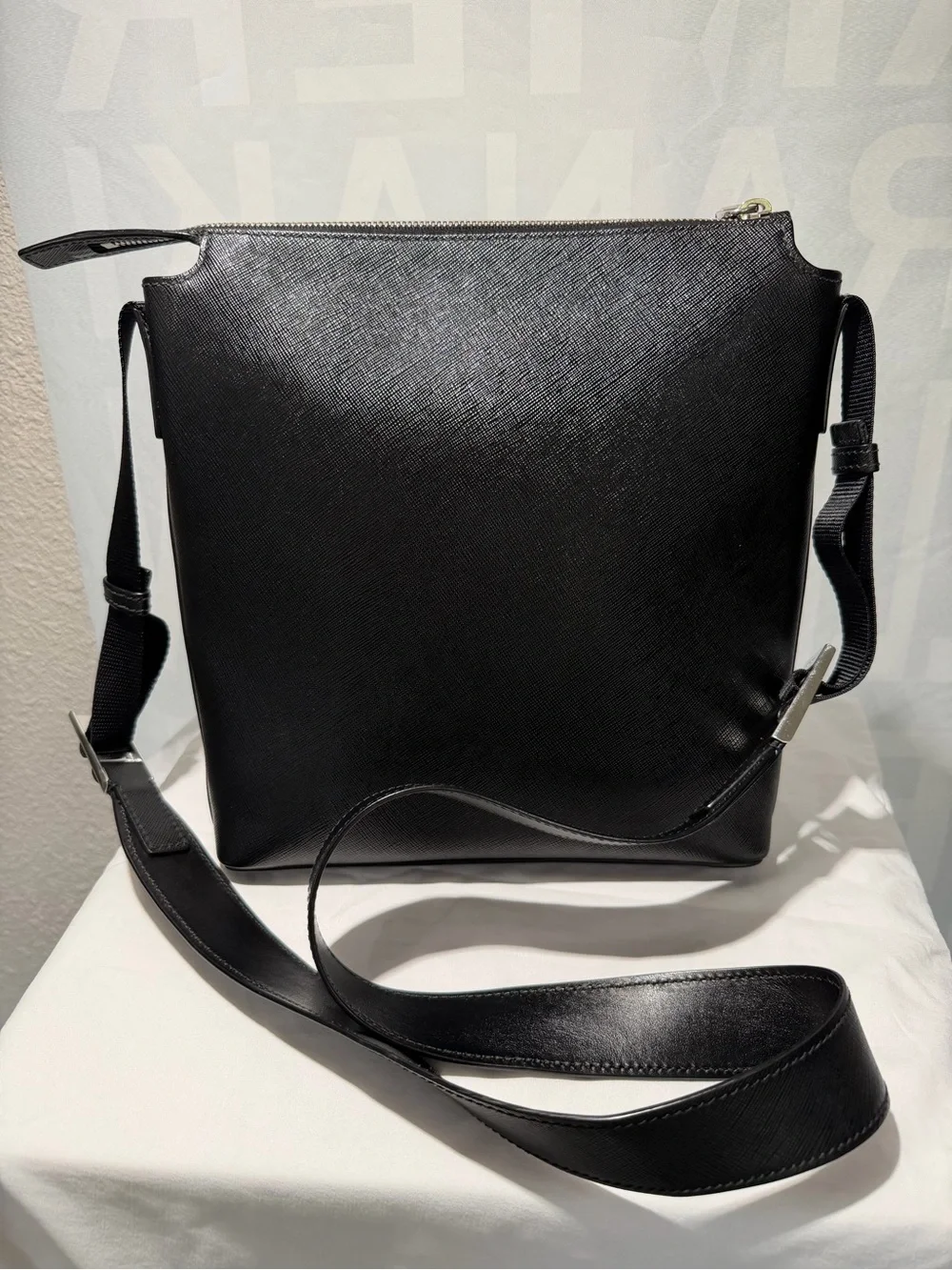 Prada Black Saffiano Leather Messenger Bag with Silver Hardware